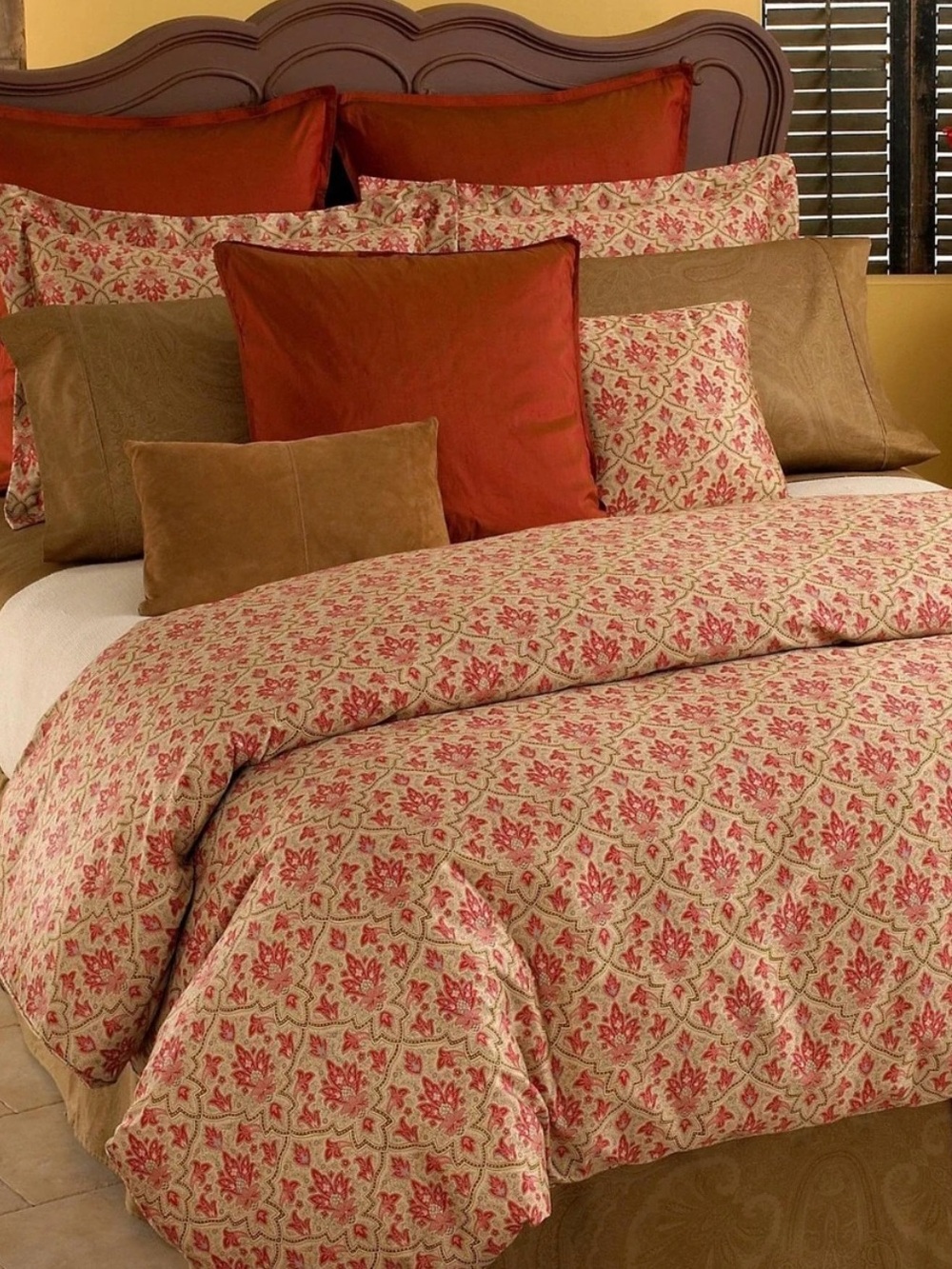 Vintage 80s Ralph Lauren Langham Red Paisley Sateen King Comforter.Tan Pink Red.